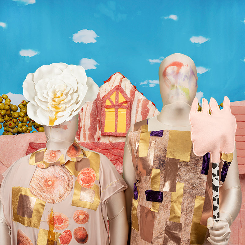 Cultivating Mass, Milk and Honey, 2 figures stand side by side. The figure on the left has a flower head and flesh colored shirt with gold leaf squares and nipple photo cutouts. The figure on the right is holding an utter staff with long rectangular cutouts and hair on their torso. Behind the figures is a house and window with blue skies.